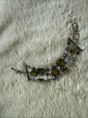 Vintage Multi-Strand Olive Green and Lavender Beaded Bracelet